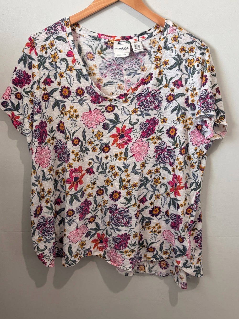 Rachel Zoe White Floral 100% Linen V-Neck Short Sleeve Top Plus Size 2X
